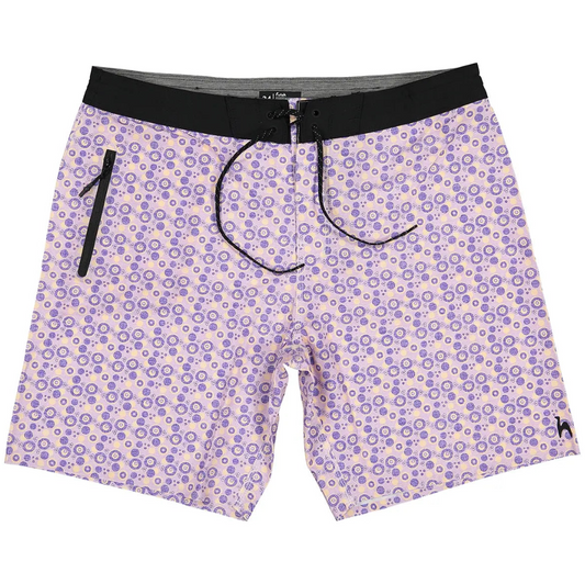 Futah Vortex Mocha men's boardshorts with violet geometric print and black waistband