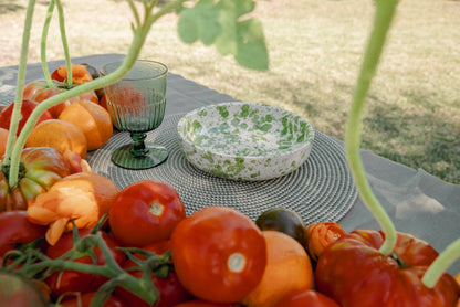 Outdoors, a table is set with a green glass, a green and white bowl on a woven placemat, and fresh tomatoes and oranges. The Alfar Tierra Cocida Garlic Grater Plate - Medium Ceramic Green - Moss adds an artisanal touch. Grass can be seen in the background.