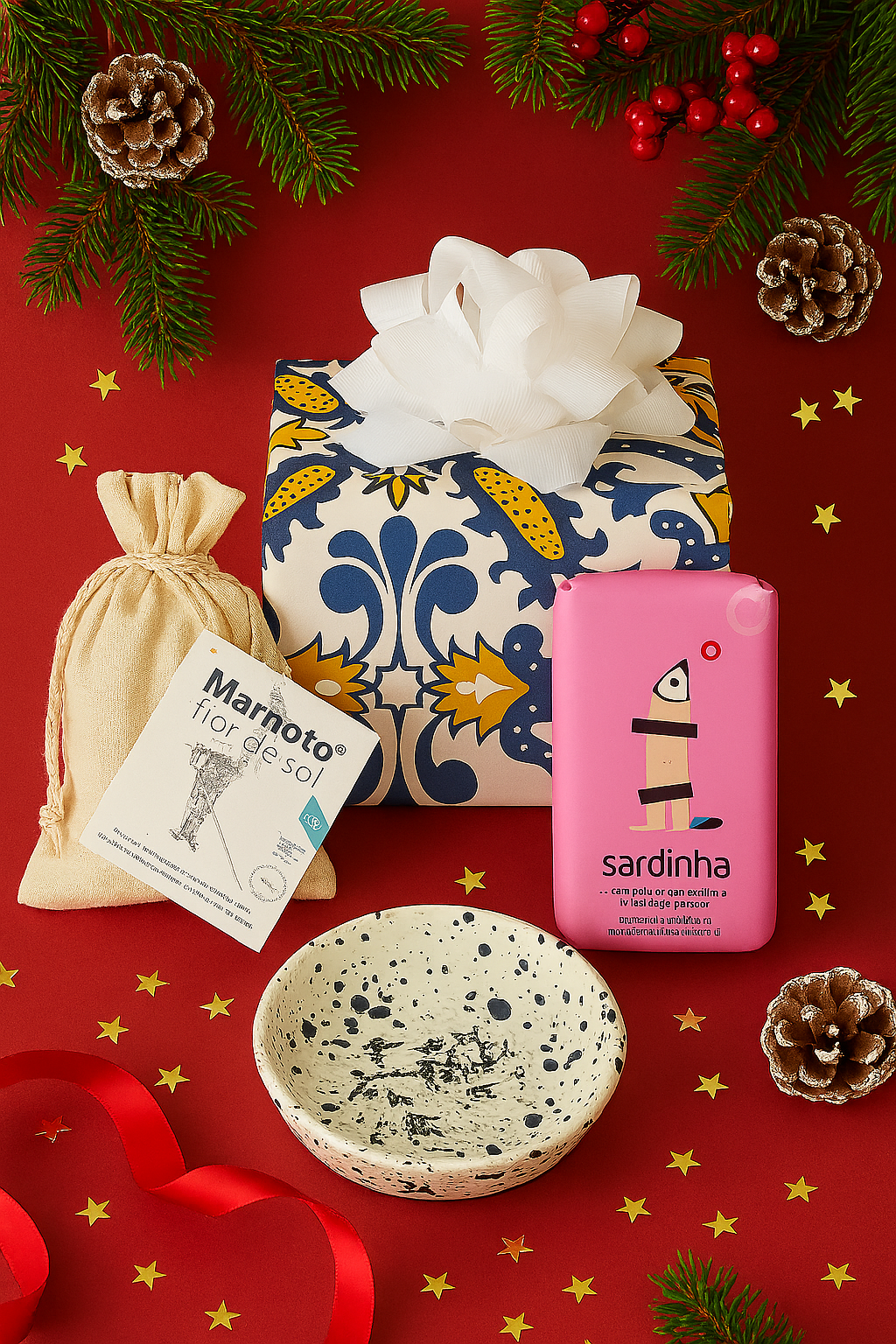 A festive flat lay features the Iberian sampler kit - Galaxy by Iberica - Pretty things from Portugal, with a wrapped gift, artisanal sardines in a pink tin, speckled dish, cloth pouch, Marinho Flor de Sal flakes, and more on red with pine branches and ribbon.