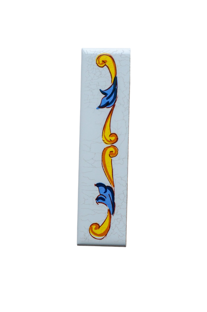 Rectangular, handcrafted in Spain Lisa Croquets Numbers – Ceramic House Number Tiles with a white crackle finish featuring a vertical yellow and blue scrolling vine design.
