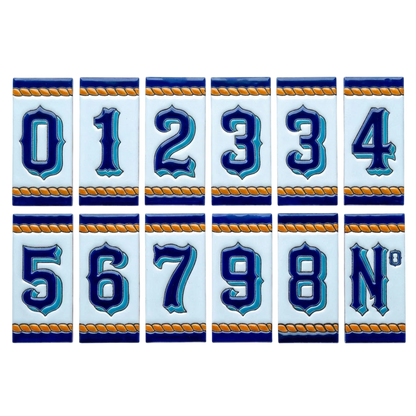 Marine Ceramic House Number & Letter Tile featuring a dark blue number or letter on a rectangular tile, accented with light blue borders and a rope-patterned gold trim.