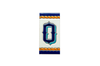 Rectangular Marine Ceramic House Number & Letter Tile featuring the number zero in blue and teal with orange rope-style borders.