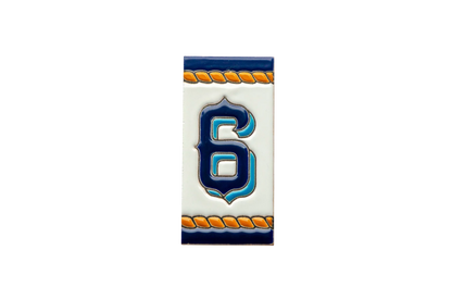 Marine Ceramic House Number & Letter Tile featuring a rectangular digit 6 in dark blue and teal, framed by an orange rope border.