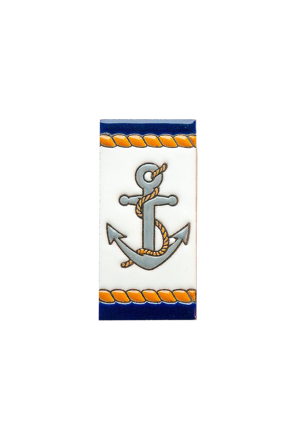 LVR Ceramics Marine Ceramic House Number & Letter Tile featuring a rectangular tile with a gray anchor wrapped in rope, bordered by horizontal bands of blue and orange rope patterns.