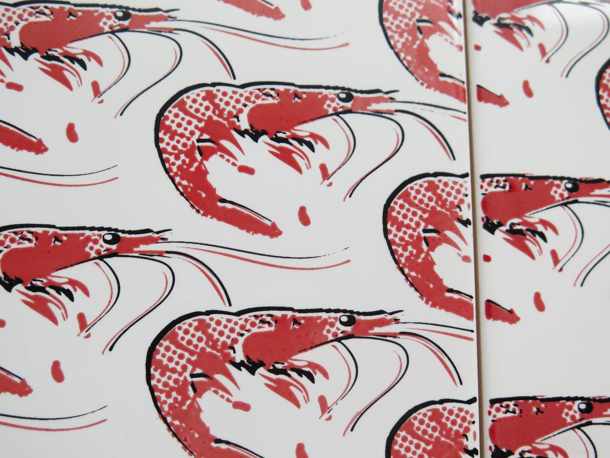 Mediterranean style ceramic tile mural with seafood prawns illustration