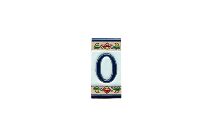 Mini Chilli Ceramic House Number & Letter Tile featuring the number zero in blue, bordered by decorative floral patterns in red, yellow, and green.