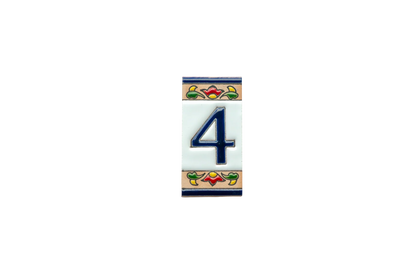 Mini Chilli Ceramic House Number & Letter Tile featuring the number four in blue on a rectangular ceramic tile, decorated with a small floral border in red, green, and yellow.