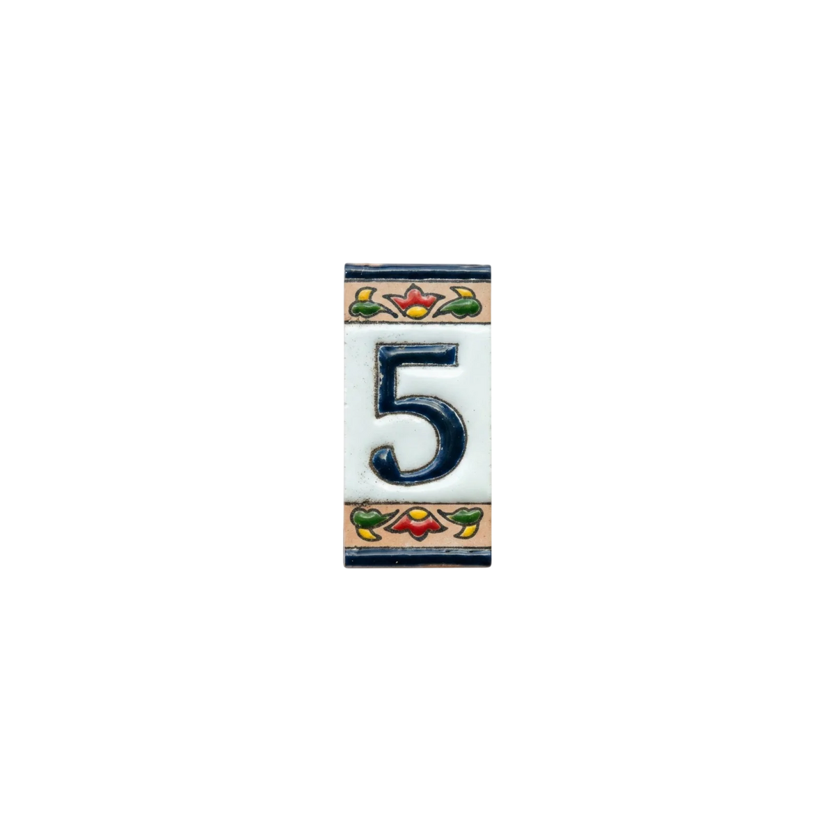 Mini Chilli Ceramic House Number & Letter Tile featuring the number five in navy blue on a rectangular ceramic background, decorated with a red, yellow, and green floral border.