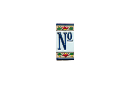 Mini Chilli Ceramic House Number & Letter Tile featuring the blue text Nº centered between decorative red and green floral motifs, in the style of handcrafted Spanish tiles.