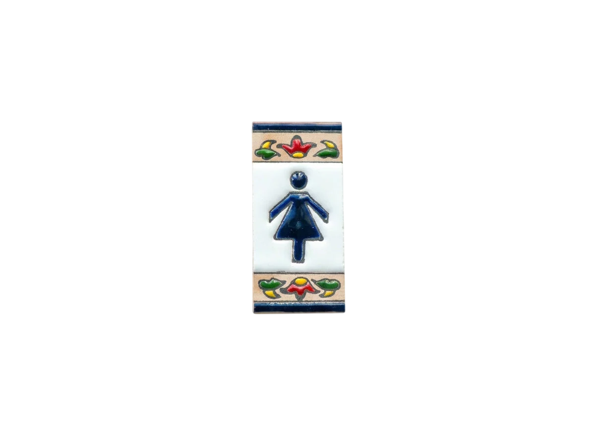 Rectangular Mini Chilli Ceramic House Number & Letter Tile featuring a blue female restroom icon centered between decorative red and green floral patterns at the top and bottom.