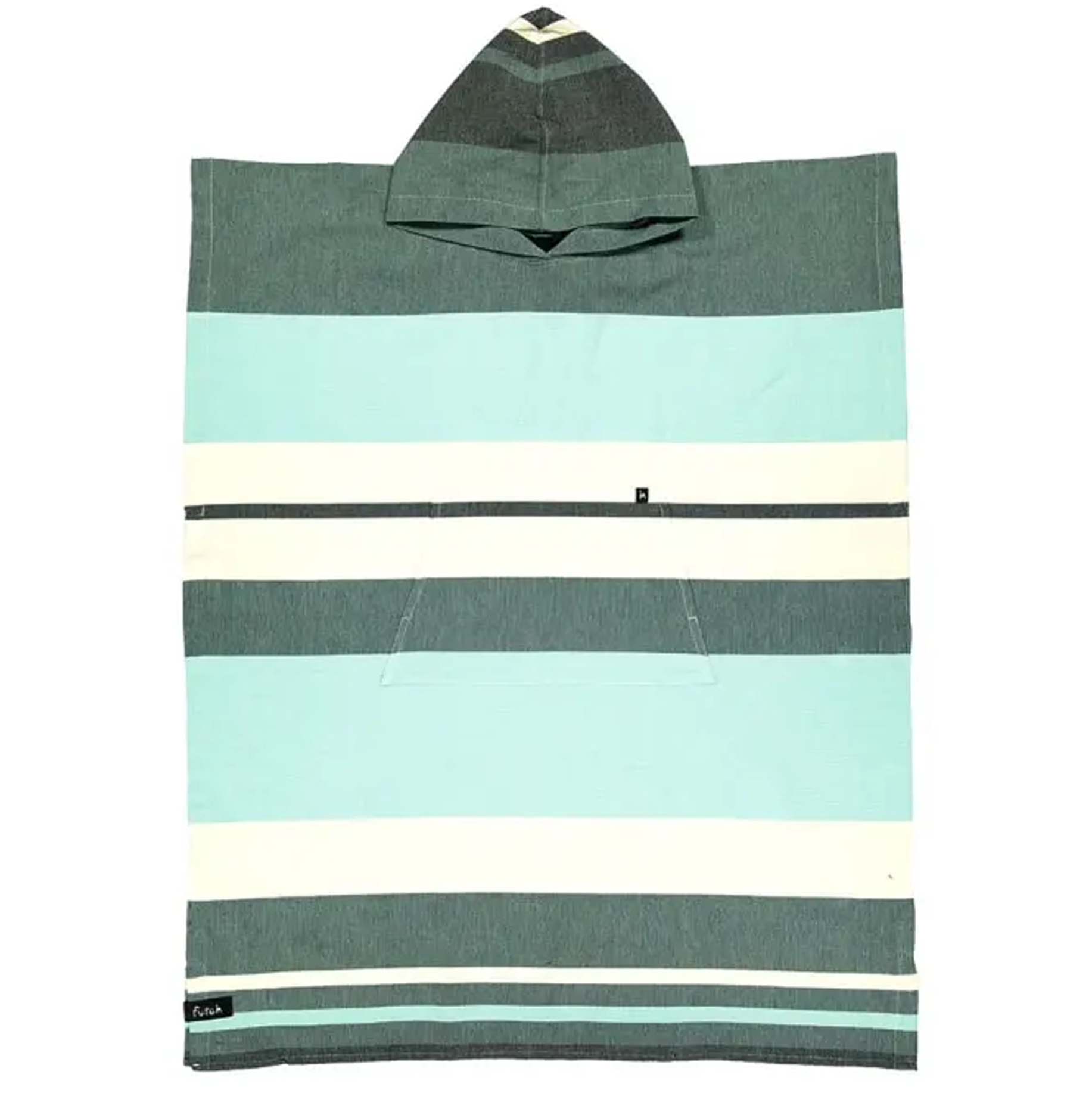 Introducing the Futah Papua Adult Beach Poncho – a premium Portuguese cotton surf poncho designed with horizontal stripes in teal, light blue, cream, and dark gray. This stylish hooded poncho features a pointed hood and convenient front pocket, offering exceptional comfort and style after every swim or surf session.