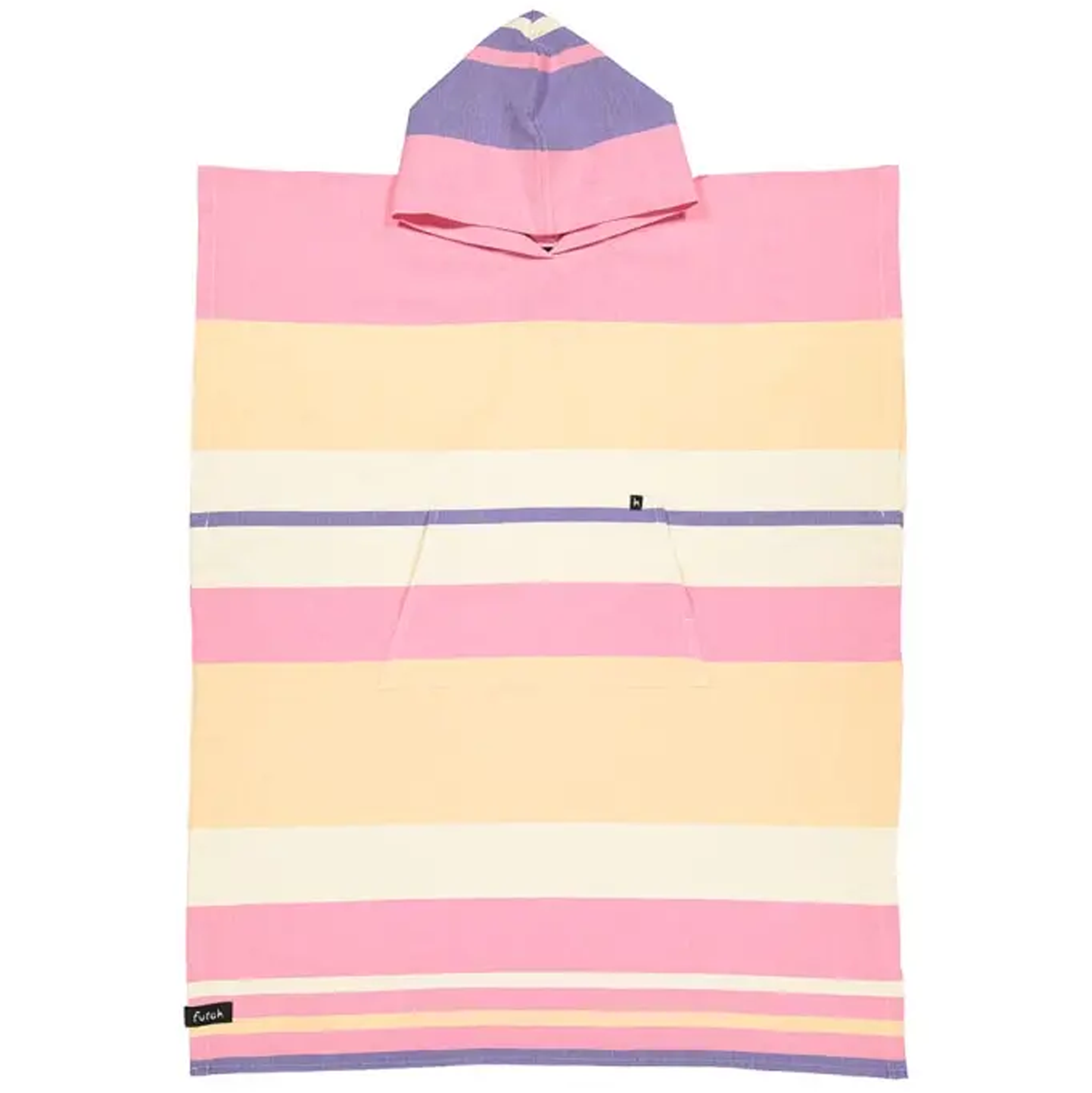 Introducing the Futah Papua Adult Beach Poncho – a premium surf poncho made from soft Portuguese cotton, adorned with horizontal pastel stripes in pink, yellow, white, and purple. Designed for adults, it features a hood, a convenient front pocket, and is finished with a small black label at the bottom left corner.