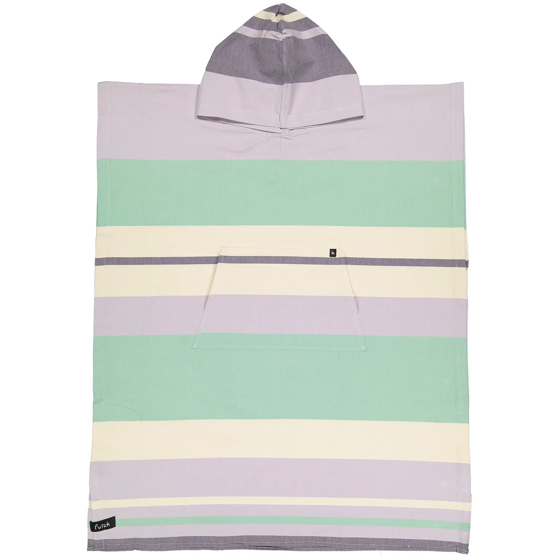 Introducing the Papua Adult Beach Poncho by Futah—a premium Portuguese cotton surf poncho featuring a hood and horizontal pastel stripes in mint green, lavender, cream, and gray. Designed with a convenient front pocket and finished with a subtle logo tag at the bottom corner, this stylish beach poncho is crafted for ultimate comfort on your seaside adventures.