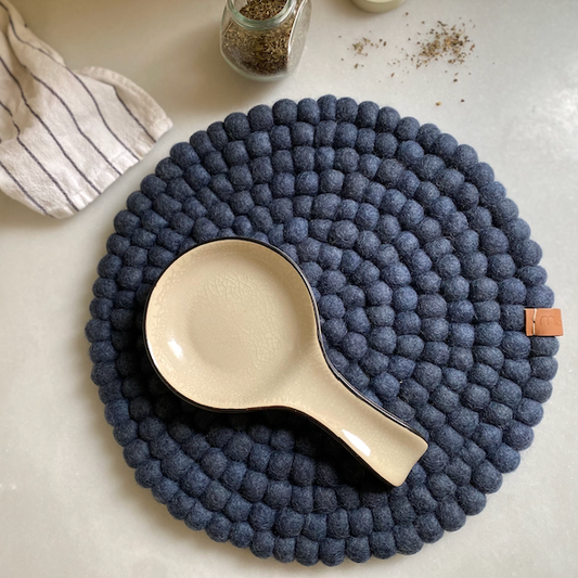 Pipa navy felt seat pad and table decor handcrafted from felt beads