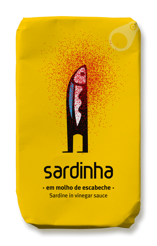 Traditional Portuguese pickled sardines in escabeche marinade with vinegar, tomato and onion, made in Portugal.
