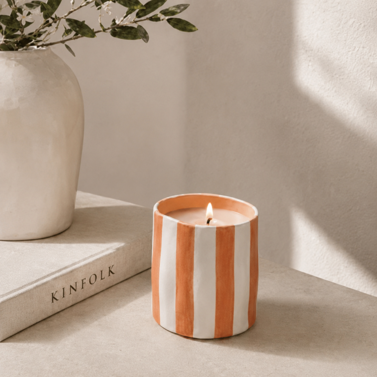 Riviera terracotta striped stoneware candle handmade in Spain