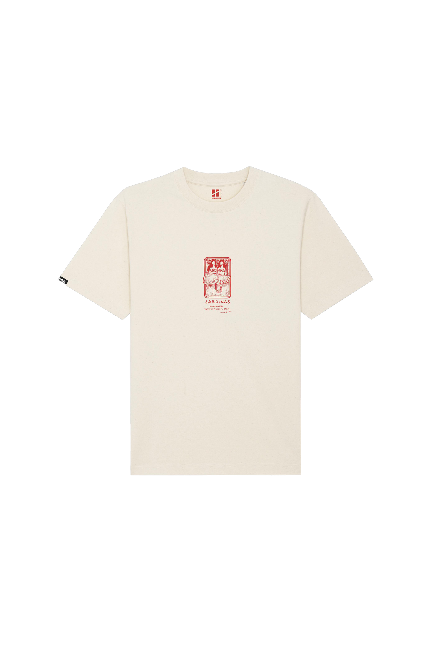 The Humpier Sardines T-Shirt is made from soft organic cotton in plain off-white, featuring a small red graphic and text at the center chest, shown on a white background.