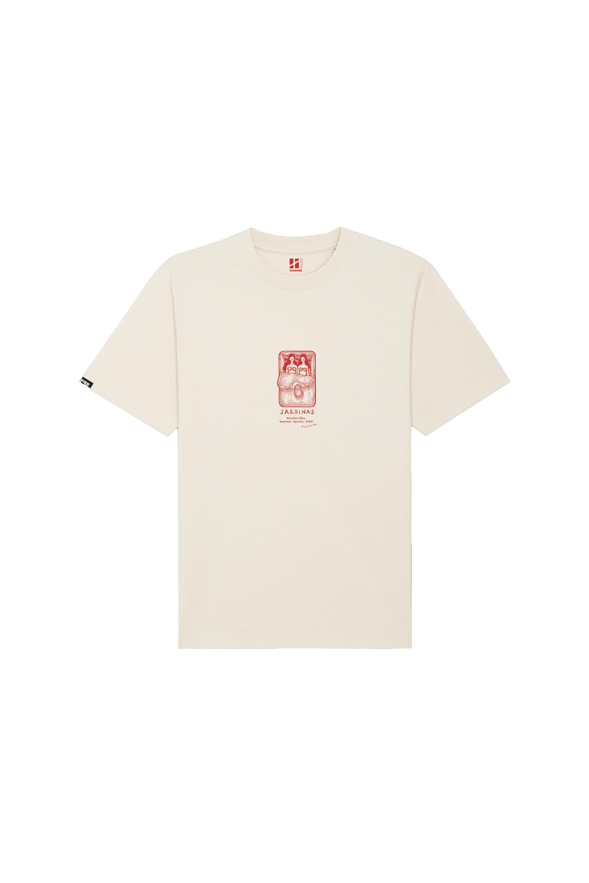 The Humpier Sardines T-Shirt is made from soft organic cotton in plain off-white, featuring a small red graphic and text at the center chest, shown on a white background.
