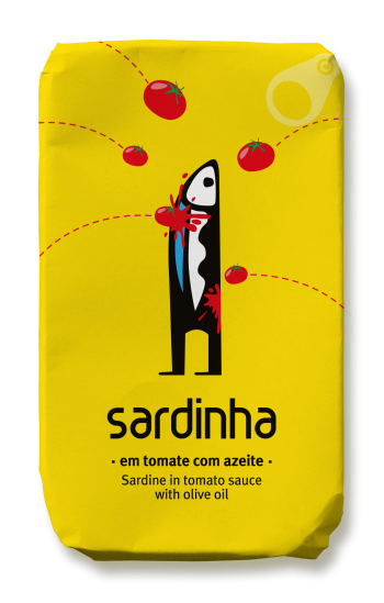A bright yellow tin of Sardinha brand Sardines in Tomato features a black fish and flying red tomatoes. Text reads "sardinha em tomate com azeite" and "Sardine in tomato sauce with olive oil." Rich in omega 3.
