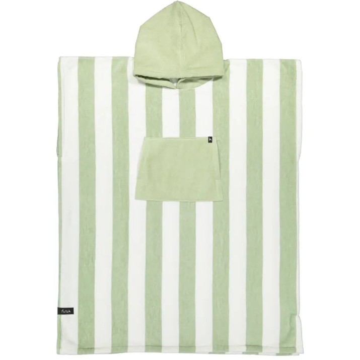Introducing the Bedu Terry Poncho by Futah: an adult hooded beach poncho towel showcasing wide vertical green and white stripes, expertly crafted from premium Portuguese cotton for exceptional comfort. It features a convenient front pocket, a sewn-on label near the bottom edge, and is designed to be quick-drying—making it ideal for days spent by the water.