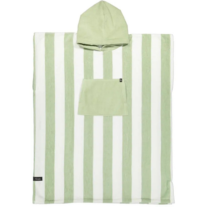 Introducing the Bedu Terry Poncho by Futah: an adult hooded beach poncho towel showcasing wide vertical green and white stripes, expertly crafted from premium Portuguese cotton for exceptional comfort. It features a convenient front pocket, a sewn-on label near the bottom edge, and is designed to be quick-drying—making it ideal for days spent by the water.