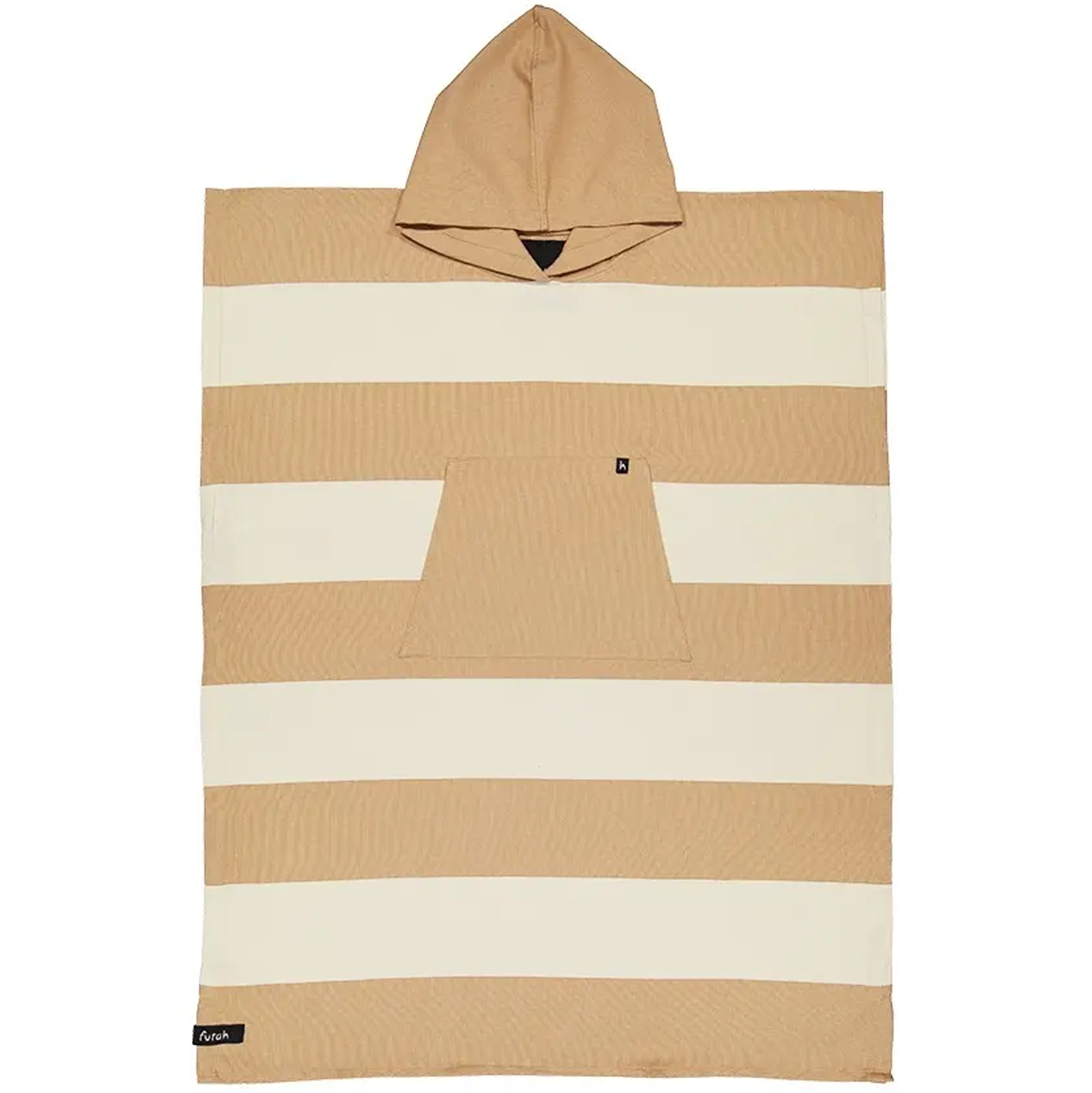 Introducing the Set Cotton Beach Poncho by Futah—a premium Portuguese surf and beach poncho crafted from cotton, designed with wide horizontal beige and cream stripes. It features a roomy front pocket and is finished with a small black Futah logo tag at the bottom corner.