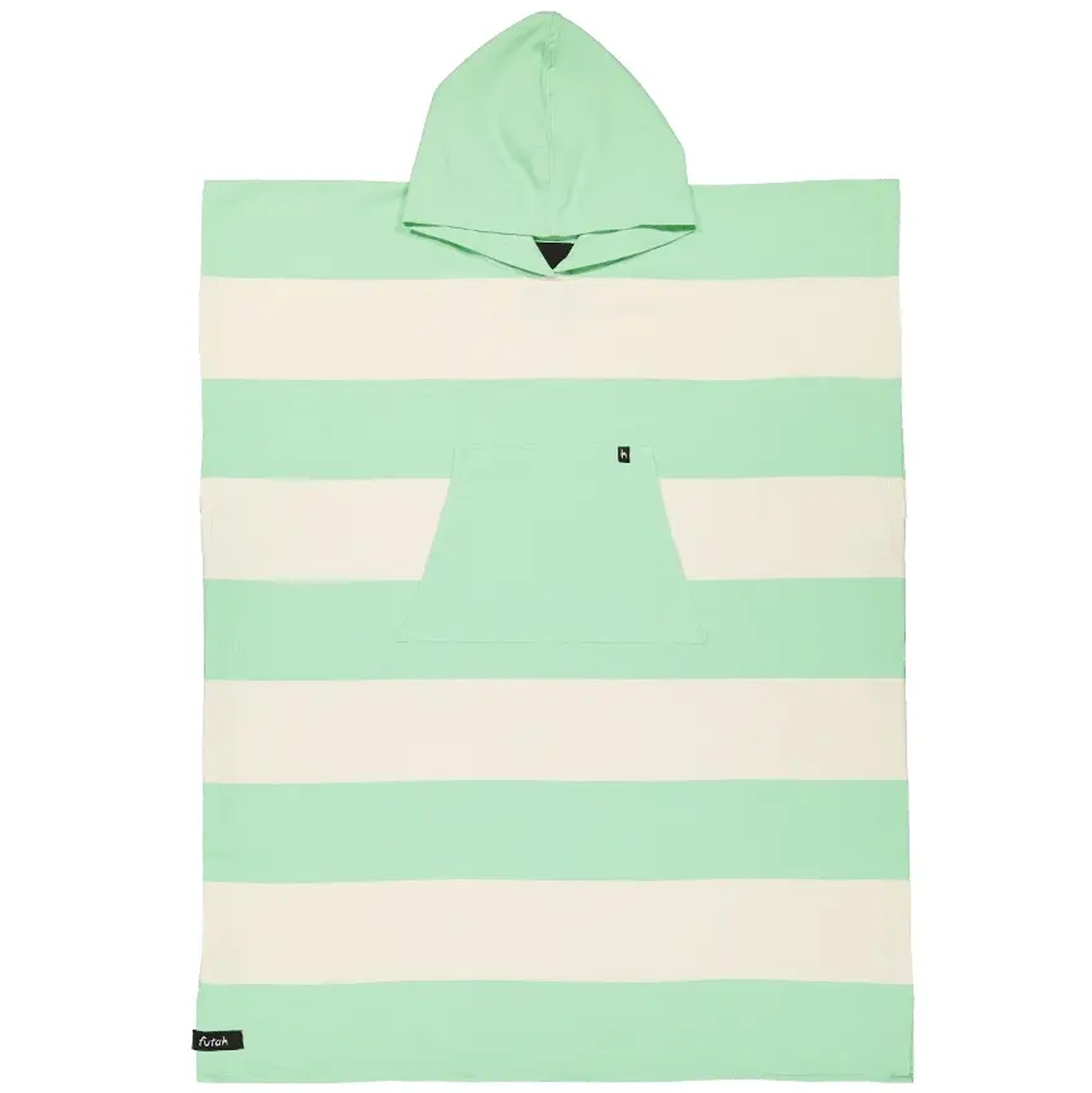 Futah’s Set Cotton Beach Poncho – Premium Portuguese Surf & Beach Poncho, shown flat against a white background, features green and white stripes, a hood, and a front pocket. This versatile poncho is ideal for changing or drying off comfortably after your beach adventures.