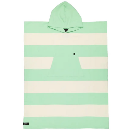 Futah’s Set Cotton Beach Poncho – Premium Portuguese Surf & Beach Poncho, shown flat against a white background, features green and white stripes, a hood, and a front pocket. This versatile poncho is ideal for changing or drying off comfortably after your beach adventures.