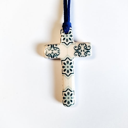Handmade Brushed Ceramic Cross Necklace with Antique Portuguese Tile Design - CR-017 | Iberica - Pretty things from Portugal