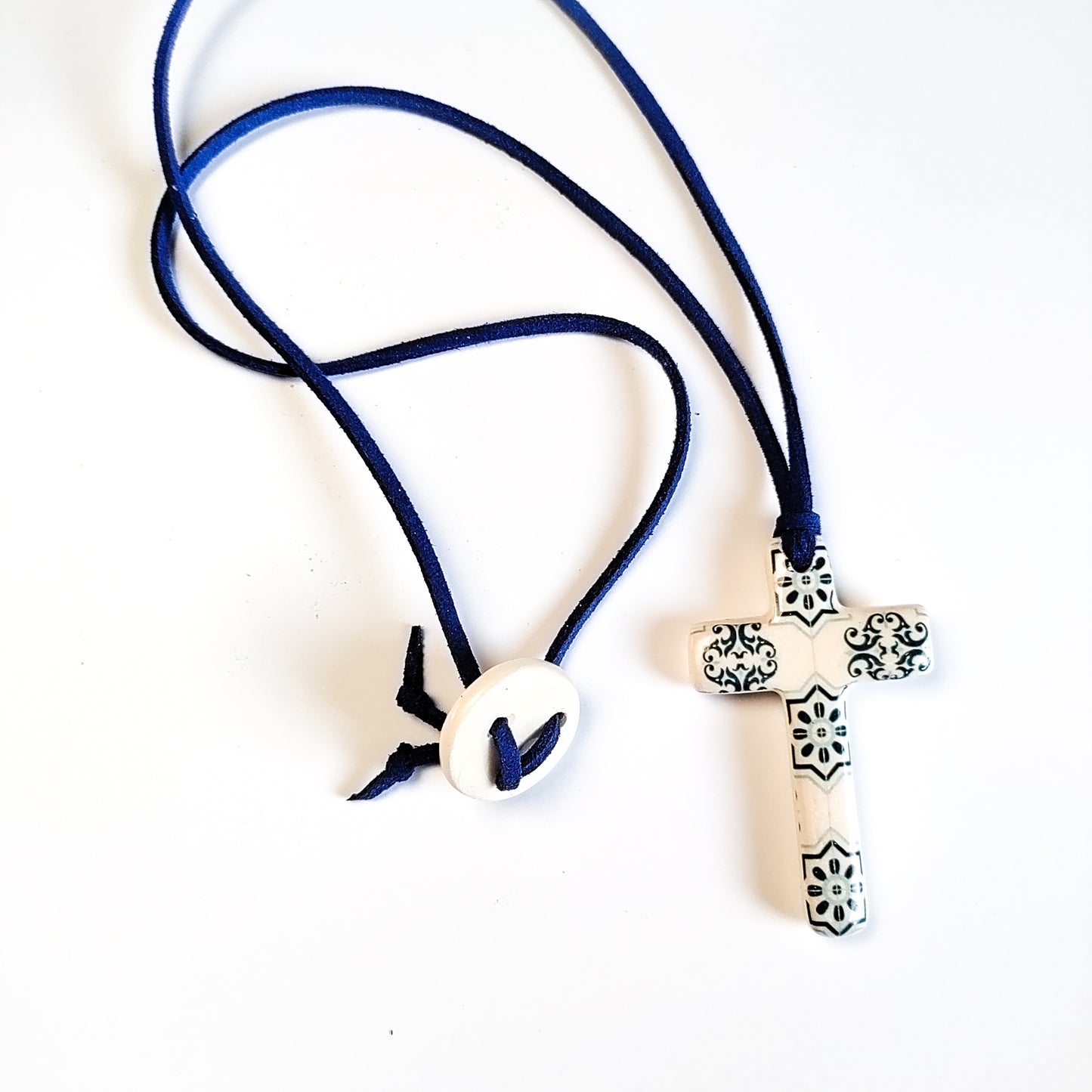 Handmade Brushed Ceramic Cross Necklace with Antique Portuguese Tile Design - CR-017 | Iberica - Pretty things from Portugal