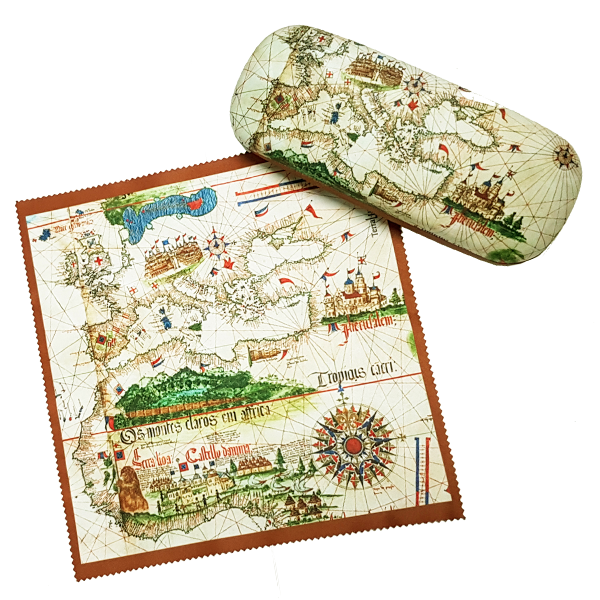 Glasses case next to a microfiber cloth with Old world map
