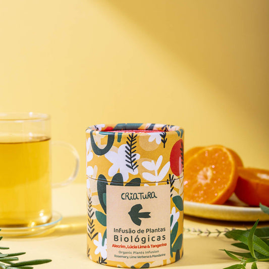 Yellow tea caddy with Rosemary Lime Verbena and Tangerine