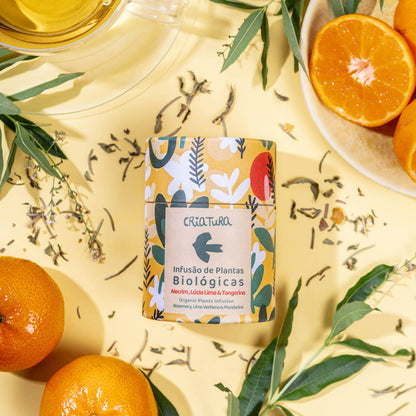 Yellow tea caddy with Rosemary Lime and Tangerine ingredients