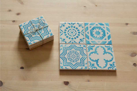 Coasters Set in portuguese tiles hand painted, turquoise, Set A