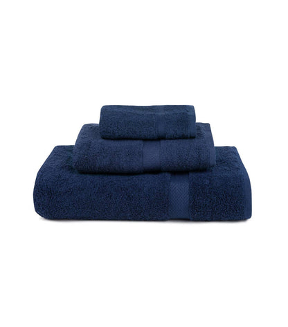 cobalt blue almonda 3 piece towel set stacked in a pile