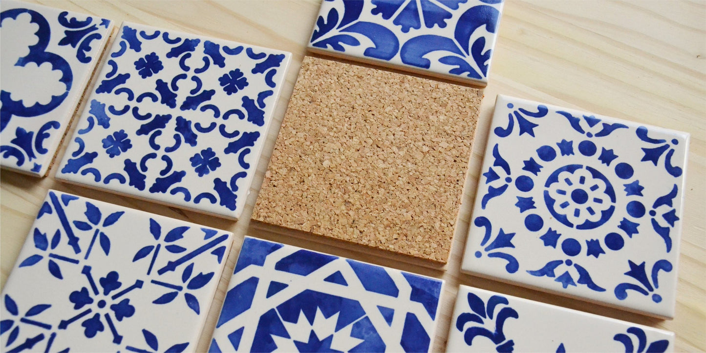 Azulejos Tile Coasters Portuguese Inspired Blue Stone Coasters, Set of 4 