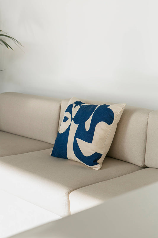modern drawn blue and white pillow
