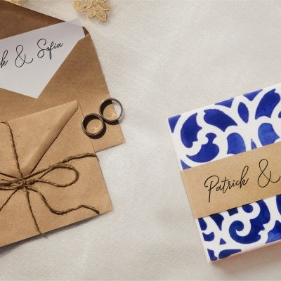hand painted tile with invitation wedding envelope